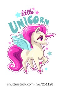 Cute vector girlish illustration with funny baby unicorn. T shirts design element.