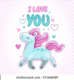 Cute vector girlish illustration with funny baby horse. T shirts design element. I love you inscription.