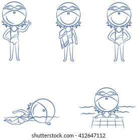Cute vector girls in different situations in the pool: standing with a raised thumb, with a towel, with hands on hips, swimming and relax 