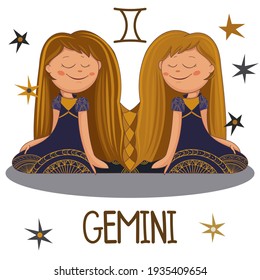 Cute vector girls gemini from set of zodiac sign. Color cartoon character on white