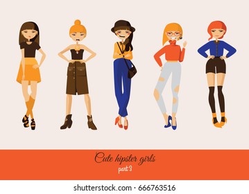Cute vector girls in hipster street casual style. Lovely girls smiling with various hairstyles, legs poses, arms positions, clothes, accessories. Creative collection isolated on background.