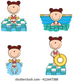 Cute vector girls swimming and resting in the pool with inflatable armbands and swim ring