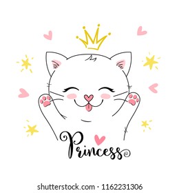 Cute Vector Girly Princess Kitten. Can Be Used For Greeting Card, Kids T Shirt Design, Print Or Poster