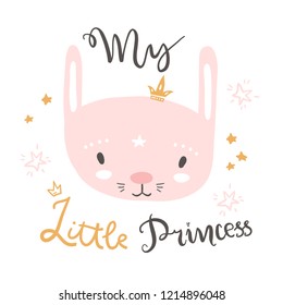 cute vector girly princess rabbit. can be used for greeting card, kids t shirt design, print or poster. Cartoon style.