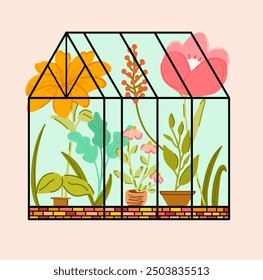 cute vector Glass orangery, botanical garden greenhouse with potted flowers flat hothouse for growing crops and agriculture. Glasshouse for homegrown products, natural and organic plants cottagecore