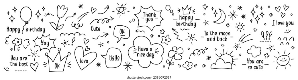 Cute vector glitter pen line doodles with emphasis arrows, hearts, sparks, arrows, speech bubbles in anime style. Expression of love, birthday congratulations. Cute Manga Valentine doodle stickers