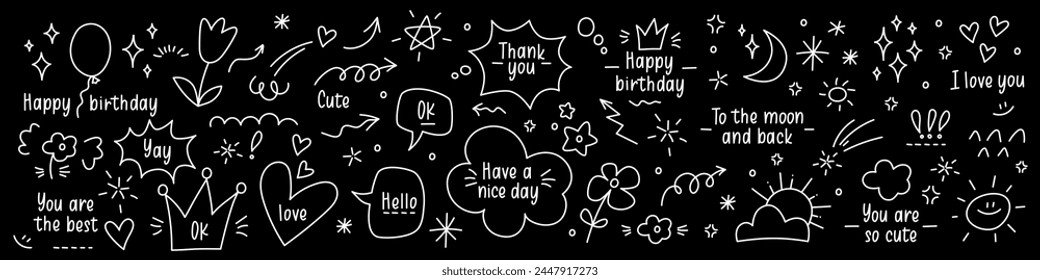 Cute vector glitter pen line doodles with hearts, sparks, arrows, speech bubbles in anime stile. Expression of love, birthday congratulations. Cute manga doodle stickers on black background