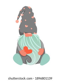 Cute vector gnome on a white background. Gnome in a hat with hearts and a beard. Character in the Scandinavian style. The gnome is holding a valentine.