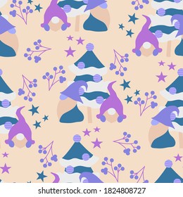 Cute vector gnomes in a Christmas decor, seamless pattern design
