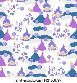 Cute vector gnomes in a Christmas decor, seamless pattern design