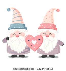 Cute vector gnomes with heart. Valentines day gnomes. Romantic vector icon in pastel colors