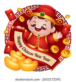 Cute Vector God of Wealth holding a red scroll, for chinese New Year Sign, Symbol or Sticker
