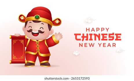 Vetor bonito Deus da Riqueza segurando um rolo vermelho, adequado para chinês Ano Novo Banner