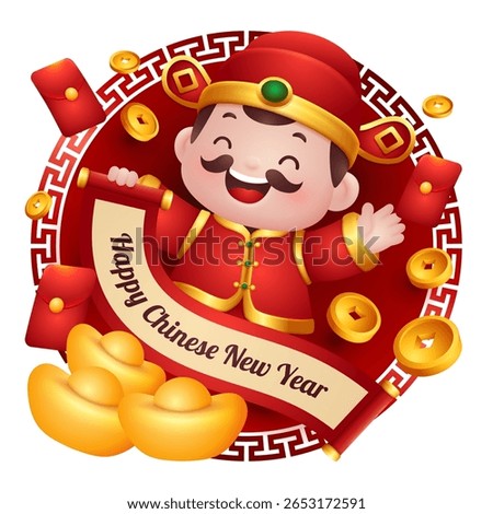 Cute Vector God of Wealth holding a red scroll, for chinese New Year Sign, Symbol or Sticker