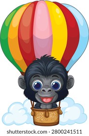 Cute vector gorilla character riding a vibrant striped hot air balloon through white clouds.