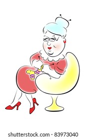 Cute vector grandmother sitting in a chair, knitting striped socks.