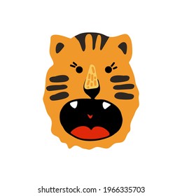 Cute vector graphic little tiger. Chinese 2022 year symbol. Year of tiger. Cartoon mascot. Smiling adorable character. Orange illustration of wild exotic animal isolated on white background.