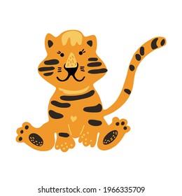 Cute vector graphic little tiger. Chinese 2022 year symbol. Year of tiger. Cartoon mascot. Smiling adorable character. Orange illustration of wild exotic animal isolated on white background.