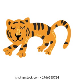 Cute vector graphic little tiger. Chinese 2022 year symbol. Year of tiger. Cartoon mascot. Smiling adorable character. Orange illustration of wild exotic animal isolated on white background.