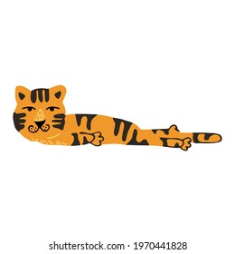 Cute vector graphic little tiger. Chinese 2022 year symbol. Year of tiger. Cartoon mascot. Smiling adorable character. Orange illustration of wild exotic animal isolated on white background.