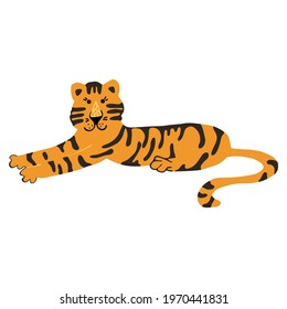 Cute vector graphic little tiger. Chinese 2022 year symbol. Year of tiger. Cartoon mascot. Smiling adorable character. Orange illustration of wild exotic animal isolated on white background.