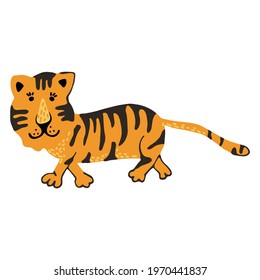 Cute vector graphic little tiger. Chinese 2022 year symbol. Year of tiger. Cartoon mascot. Smiling adorable character. Orange illustration of wild exotic animal isolated on white background.