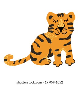 Cute vector graphic little tiger. Chinese 2022 year symbol. Year of tiger. Cartoon mascot. Smiling adorable character. Orange illustration of wild exotic animal isolated on white background.