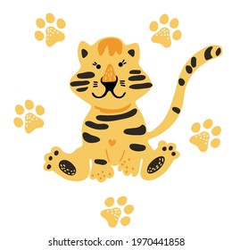 Cute vector graphic little tiger. Chinese 2022 year symbol. Year of tiger. Cartoon mascot. Smiling adorable character. Orange illustration of wild exotic animal isolated on white background.