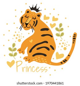 Cute vector graphic little tiger. Chinese 2022 year symbol. Year of tiger. Cartoon mascot. Smiling adorable character. Orange illustration of wild exotic animal isolated on white background.