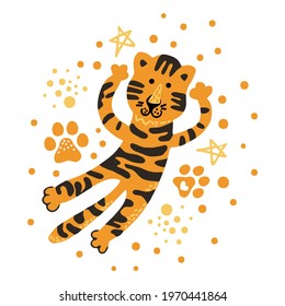 Cute vector graphic little tiger. Chinese 2022 year symbol. Year of tiger. Cartoon mascot. Smiling adorable character. Orange illustration of wild exotic animal isolated on white background.