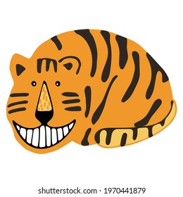 Cute vector graphic little tiger. Chinese 2022 year symbol. Year of tiger. Cartoon mascot. Smiling adorable character. Orange illustration of wild exotic animal isolated on white background.