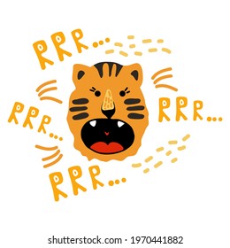 Cute vector graphic little tiger. Chinese 2022 year symbol. Year of tiger. Cartoon mascot. Smiling adorable character. Orange illustration of wild exotic animal isolated on white background.