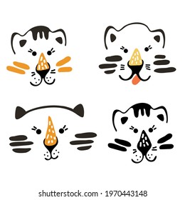 Cute vector graphic little tiger portraits. Chinese 2022 year symbol. Year of tiger. Cartoon mascot. Smiling adorable character. Orange illustration of wild exotic animal isolated on white background.