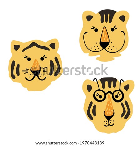 Cute vector graphic little tiger portraits. Chinese 2022 year symbol. Year of tiger. Cartoon mascot. Smiling adorable character. Orange illustration of wild exotic animal isolated on white background.