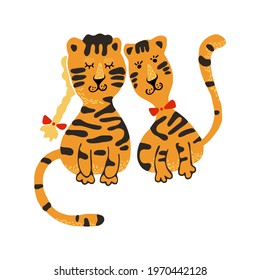Cute vector graphic little tigers boy and gir.Chinese 2022 year symbol. Year of tiger.Cartoon mascot. Smiling adorable character. Orange illustration of wild exotic animal isolated on white background