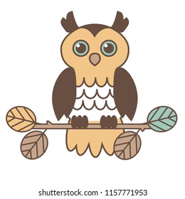Cute vector graphic of a retro styled owl on a branch. Icon stands alone with no background.
