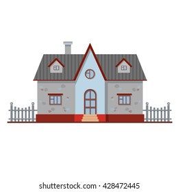 Cute vector gray house with fence. Traditional european street. Cartoon building. Town element