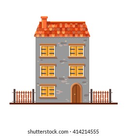 Cute vector gray stone house with red tile roof, yellow wooden window shutters and brown fence. European street. Cartoon building