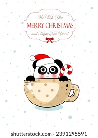 Cute vector greating card with Christmas and New Year. Panda with candy  in Santa hat in cup.