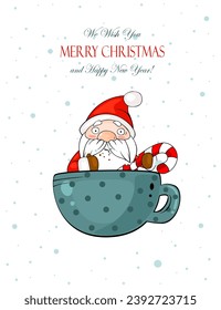 Cuta tarjeta de grasa vectorial con Navidad y Año Nuevo. Santa con caramelos en sombrero de Santa en taza.