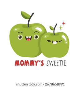 Lindas manzanas verdes de Vector. La cita más dulce de mamá. Impresión del carácter de las manzanas para la camiseta de los niños, tarjeta, concepto del cartel