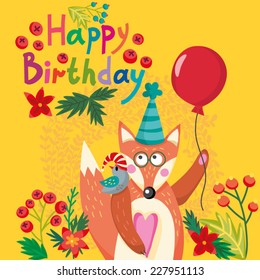 Cute Vector greeting card of awesome Fox, bird and ballon with Floral background. Bright greeting card. Awesome design.