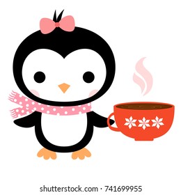 Cute vector greeting card with cartoon penguin with scarf and a cup of coffee