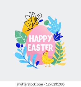 cute vector greeting card with flowers chicken and egg. happy easter poster