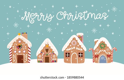 Cute vector greeting card of Gingerbread house,sweet christmas traditional cookie in hand drawn style. 