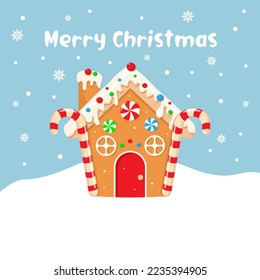 Cute vector greeting card of Gingerbread house,sweet christmas traditional cookie