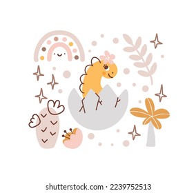 Cute vector greeting card girl dino hello baby in egg. Kids Illustration dinosaur print for kids clothes, greeting card, wrapping paper. Colorful poster for nursery design.