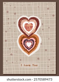 Cute vector greeting card with grunge brown and beige hand painted boho hearts with rough brush edges and distressed texture  in earthy warm colors