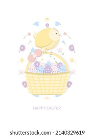 Cute vector Greeting card Happy Easter with Easter chicken sitting on the wicker basket full of colorful eggs on flower background