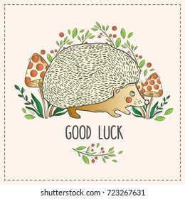 Cute vector greeting card with hedgehog and leaves with the inscription "Good luck"
